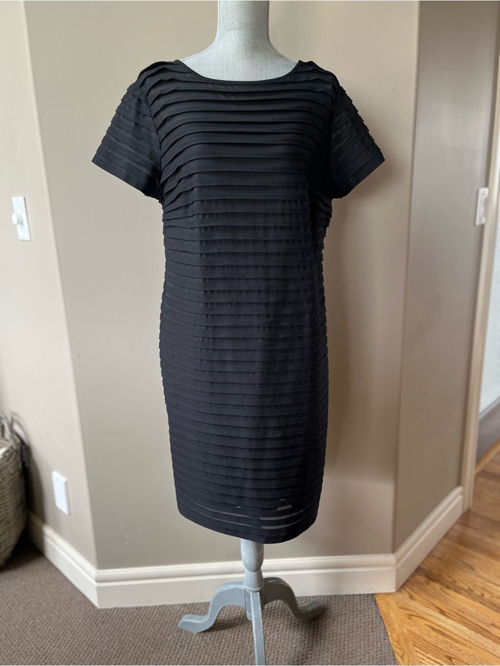 Jessica Black Horizontal Pleated Short Sleeve Midi Dress
